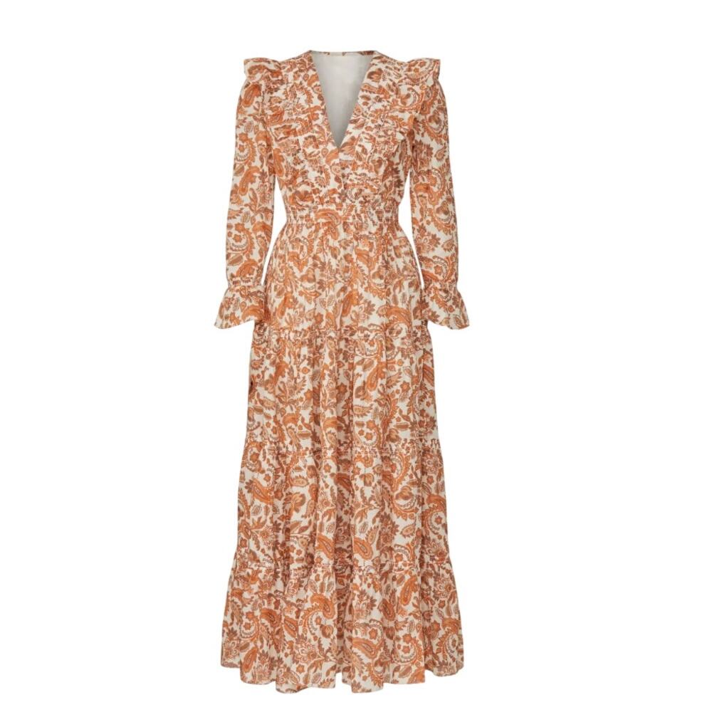 Maje Brown Floral Peasant Maxi Dress Size 0 Prairie Ruffle Designer Cottage $535 - Picture 10 of 13